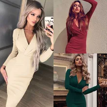 Women Deep V Neck Wrap Ruched Dress Fashion Long Sleeve Nightclub the Dress Cocktail party Elegant Ladies Plus Size ruched bishop sleeve surplice wrap checkered dress