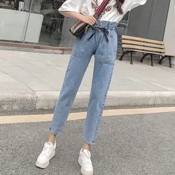 Модные оборки с высокой талией Джинсы бойфренда для женщин свободные джинсовые шаровары винтажные Женские повседневные Harajuku