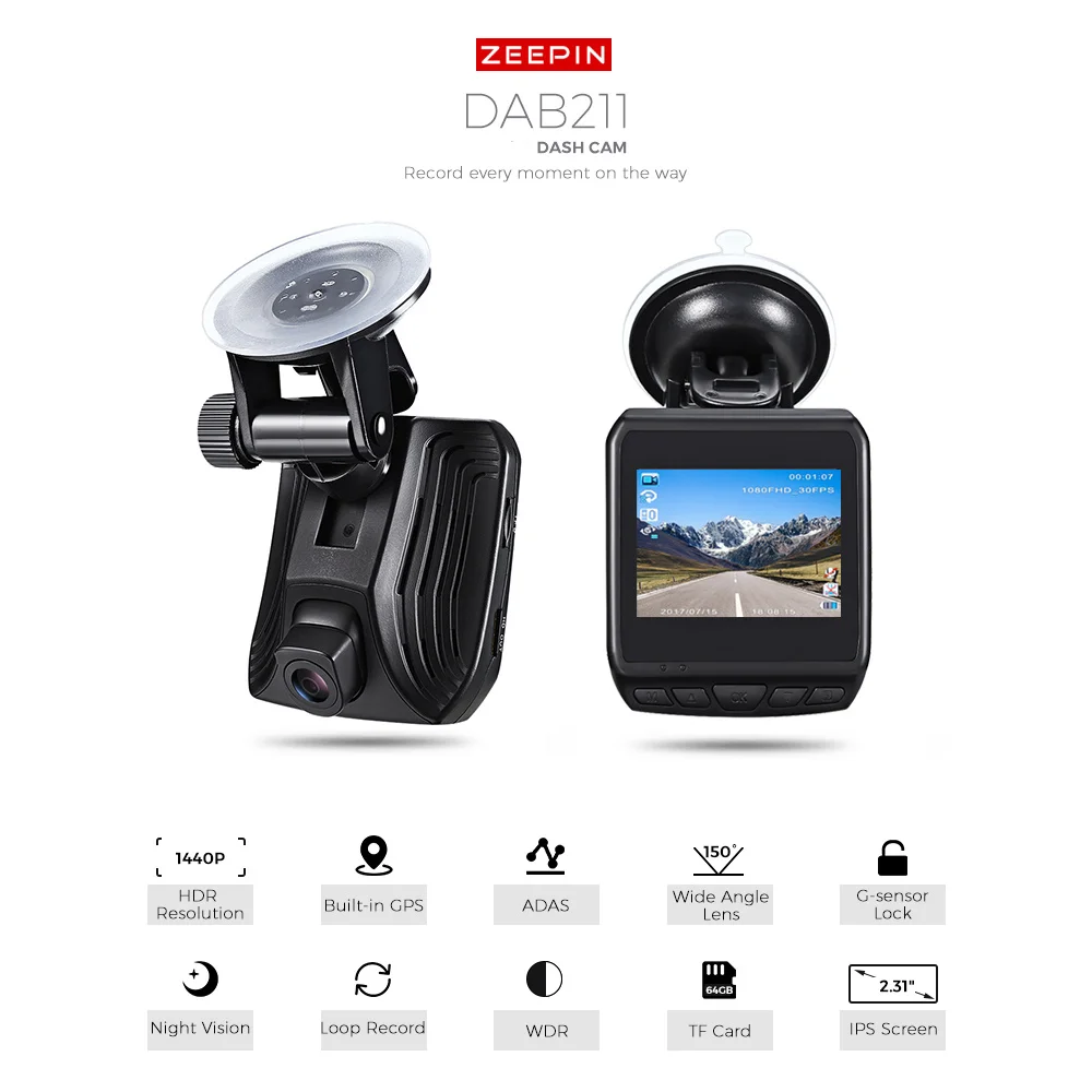 

ZEEPIN DAB211 Car Dash Cam 2.31-inch ADAS GPS HD1440P Car Driving Recorder WDR 150 Degree Wide Angle Lens Built-in GPS
