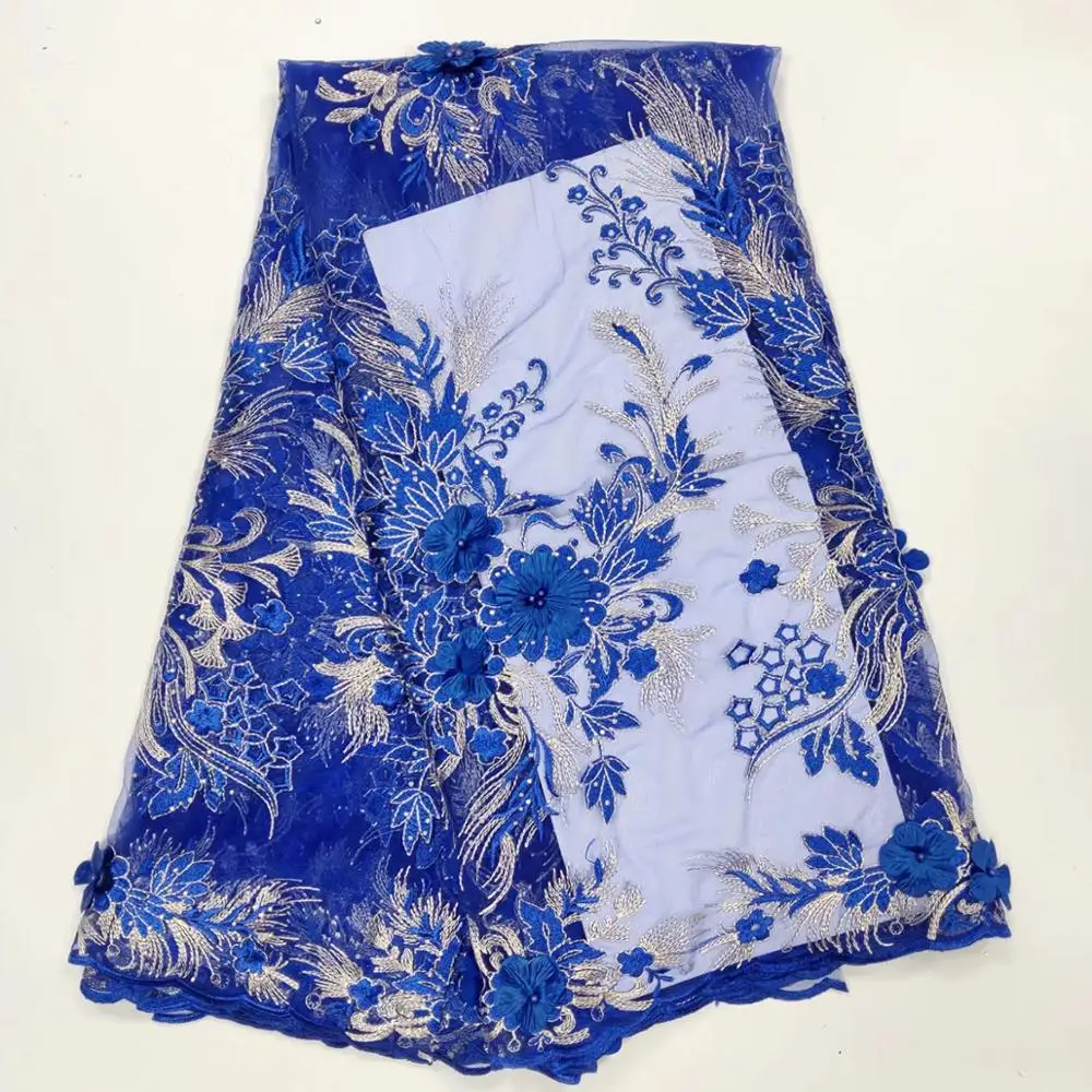 

Royal blue Lace Fabric 2019 High Quality 3d Embroidered Nigerian Laces Fabric With Beads African French Tulle Lace Fabric