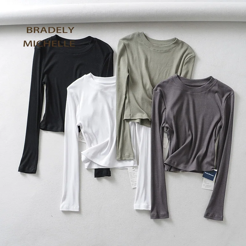 Vente BRADELY MICHELLE 2019 été sexy femmes col rond à manches longues T shirt slim élastique coton crop hauts