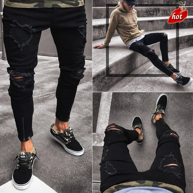 2018 New Casual Black Skinny Jeans Men Denim Ripped Elastic Zipper Jeans Stretch Man Brand Jeans Cotton Jeans Plus Size O8R2 2018 New Casual Black Skinny Jeans Men Denim Ripped Elastic Zipper Jeans Stretch Man Brand Jeans Cotton Jeans Plus Size O8R2