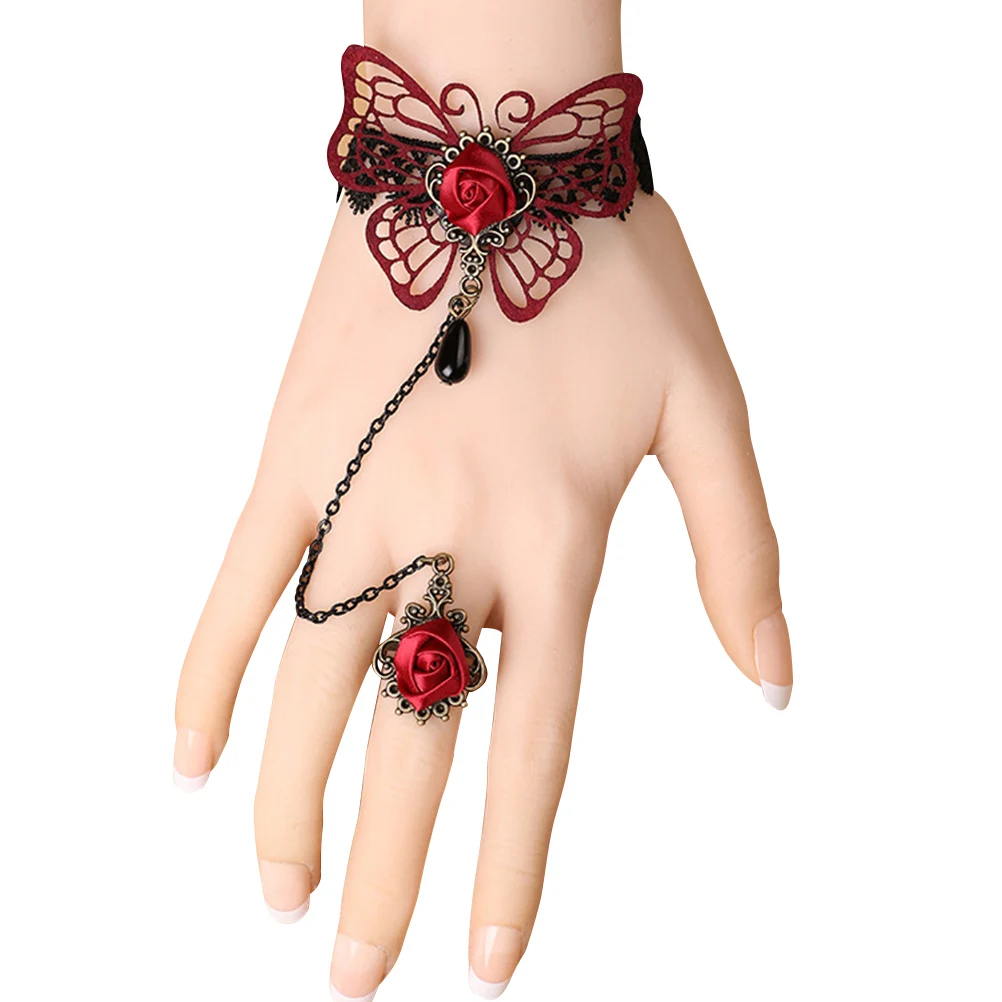 

Lace Butterfly Retro Red Rose Elegant Gothic Hand Decoration Lolita Flowers Slave Wristband Ring Set for Party Queen Women