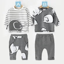 Oklady/Коллекция года, комплект одежды для маленьких мальчиков, хлопковая футболка в полоску с длинными рукавами и принтом слона топы для мальчиков и девочек, весенне-осенний костюм