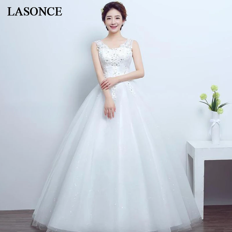 

LASONCE Crystal V Neck Sequined Ball Gown Wedding Dresses Lace Appliques Tank Lace Up Backless Tulle Bridal Gowns
