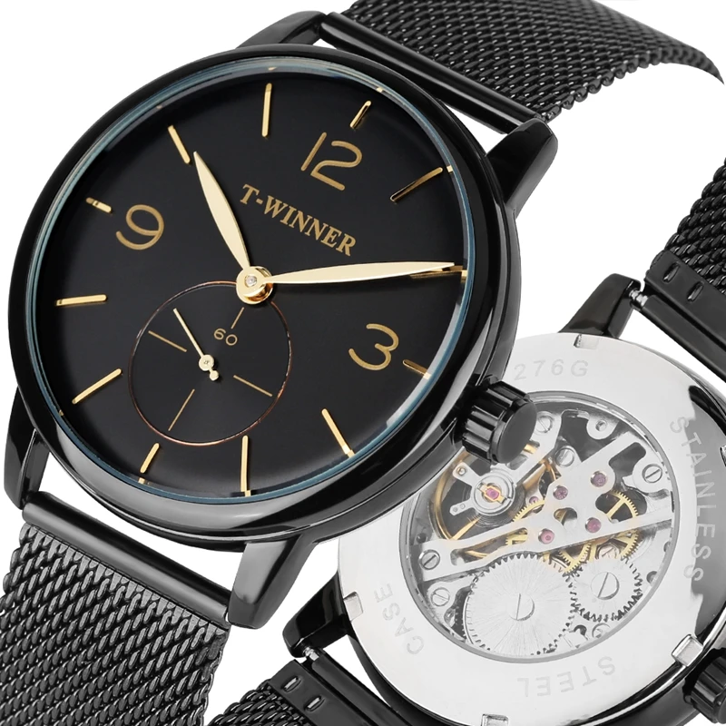 

T-WINNER Watches Men Minimalist Simple Black Hand Winding Mechanical Clock Male Mesh Stainless Steel Band Top Brand Luxury reloj