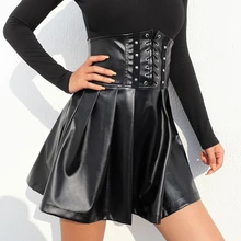 Женская черная плиссированная юбка из искусственной кожи, Скейтер, ПВХ, высокая талия, бандаж, перекрестная шнуровка, вечерние, Клубные, парные, панк, готика, Харадзюку, Винтаж