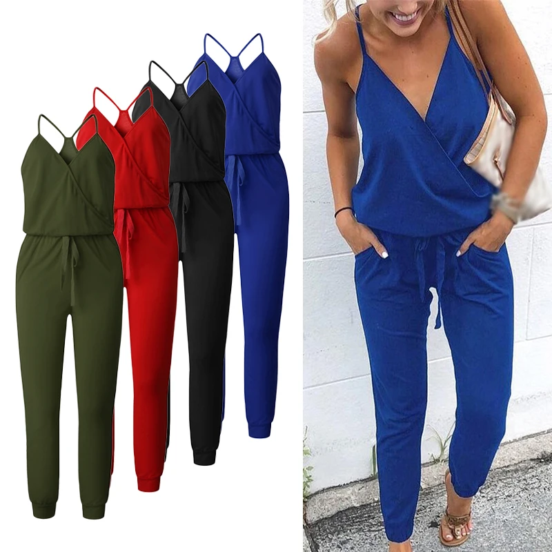 

Summer Sexy V-neck Sleeveless Loose Women Jumpsuit Rompers With Belt