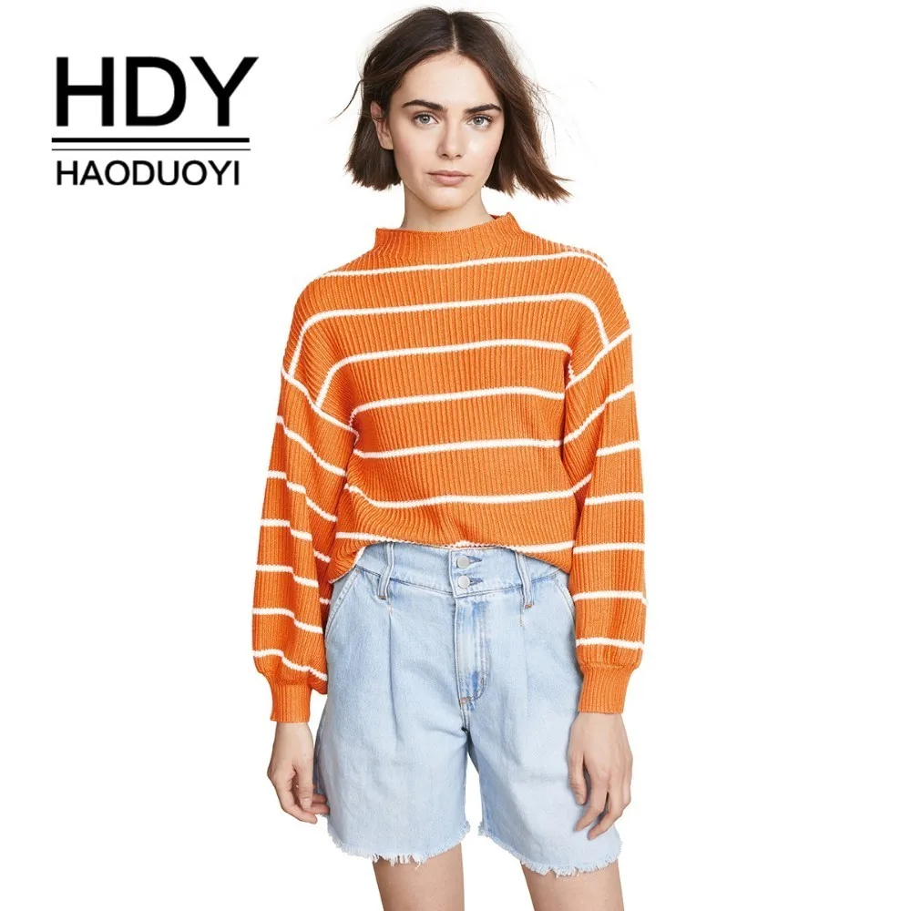 HDY Haoduoyi Youth Vitality Yellow Tops Stripe Half Collar Bishop Sleeve Easy Sweater Women  New Arrival Streetwear