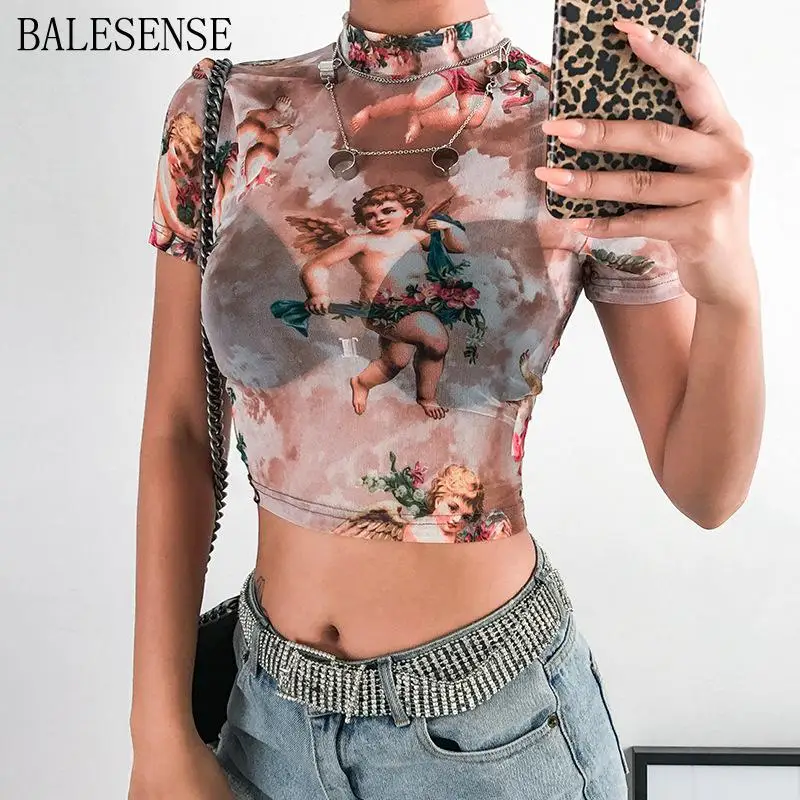 

Summer 2019 Harajuku Kawaii Mesh Crop Top Tshirt Greek Mythology Angel Print See Through Top Women Sexy Transparent Cute Shirt