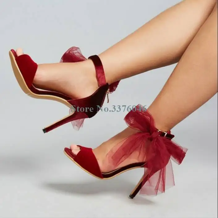 

Peep Toe Velvet Back Zip Thin High Heels Sandals Open Toe Buckle Strap Banquet Shoes Mesh Butterfly Knot Stiletto Heels Shoes