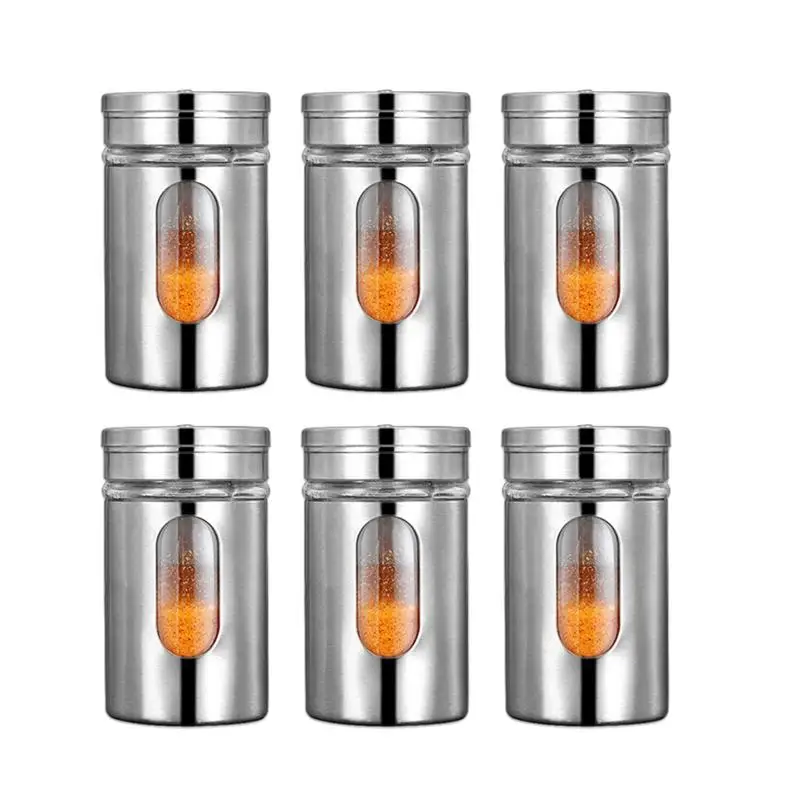 

6Pcs 100ML Stainless Steel Seasoning Storage Box Rotatable Adjustable Glass Condiment Bottle Pepper Spice Shaker (Silver)