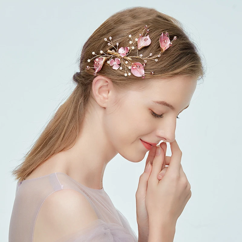 

Pink Planted Metal Flower Barrette Golden Alloy Handmade Hair Clip Bridesmaids Bridal Wedding Headdress Hairpin Women Side Clips