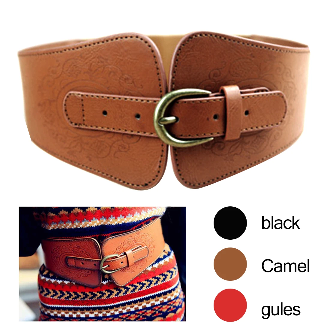 

Retro Totem Fashion Girdle All-match Eelastic Ultra Wide Women's Buckle Cummerbund Female Decoration Cummerbund