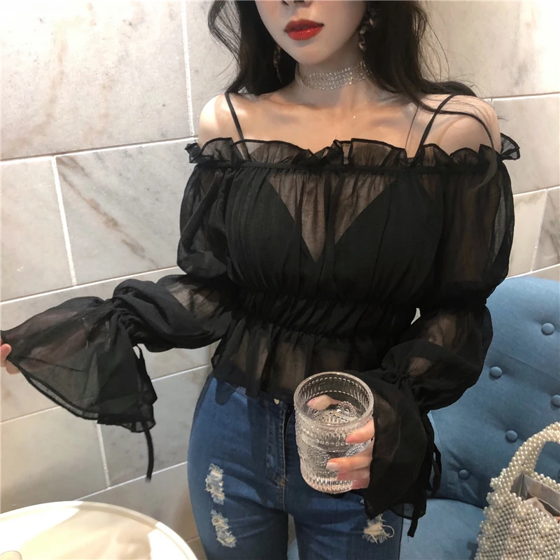 

Women's Ruffles Slash Neck Transparent Thin Chiffon Shirts Blouses Girl Full Flare Sleeve Cropped Blouse Shirt Top for Female