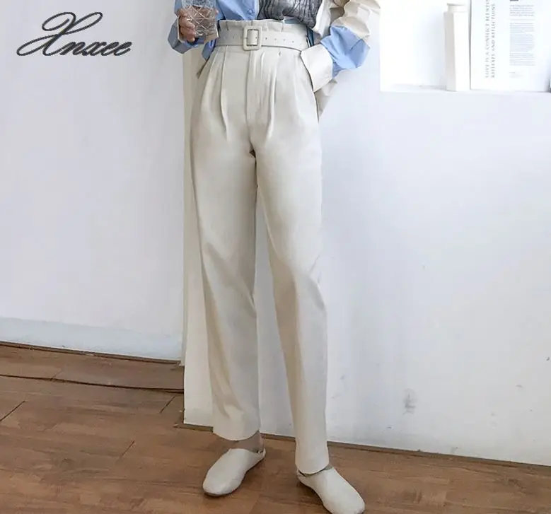 

Women White Elegant High Waist Self Belted Carrot Plain Pants 2019 Spring Office Lady Basic Workwear Women Trousers