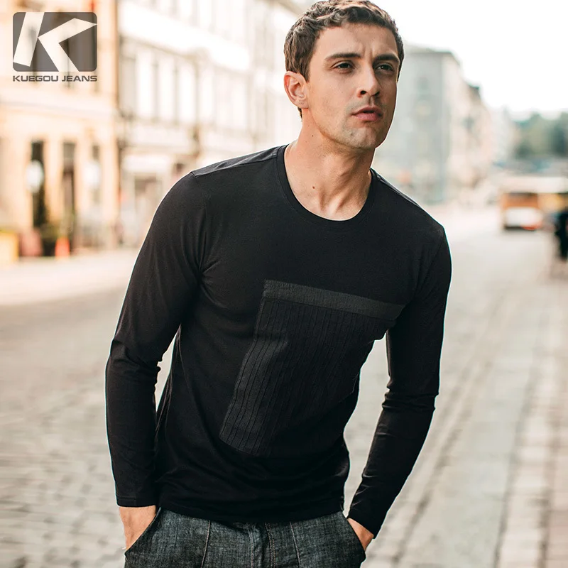 

Autumn Men T Shirt Cotton Patchwork Black White Color For Man Casual Long Sleeve Slim Fit T-Shirt 2018 Male Wear Tee Shirt 1115