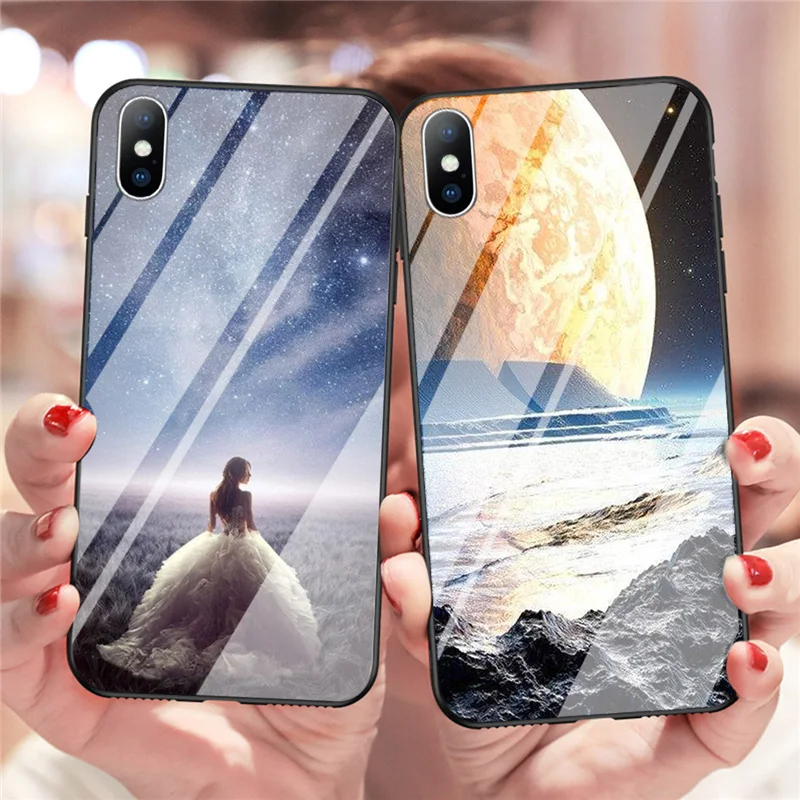 Lovebay Glass Phone Case For iPhone 6 6s 7 8 Plus X XR XS Max Luxury Cartoon Earth Moon Sun Planet Cover |