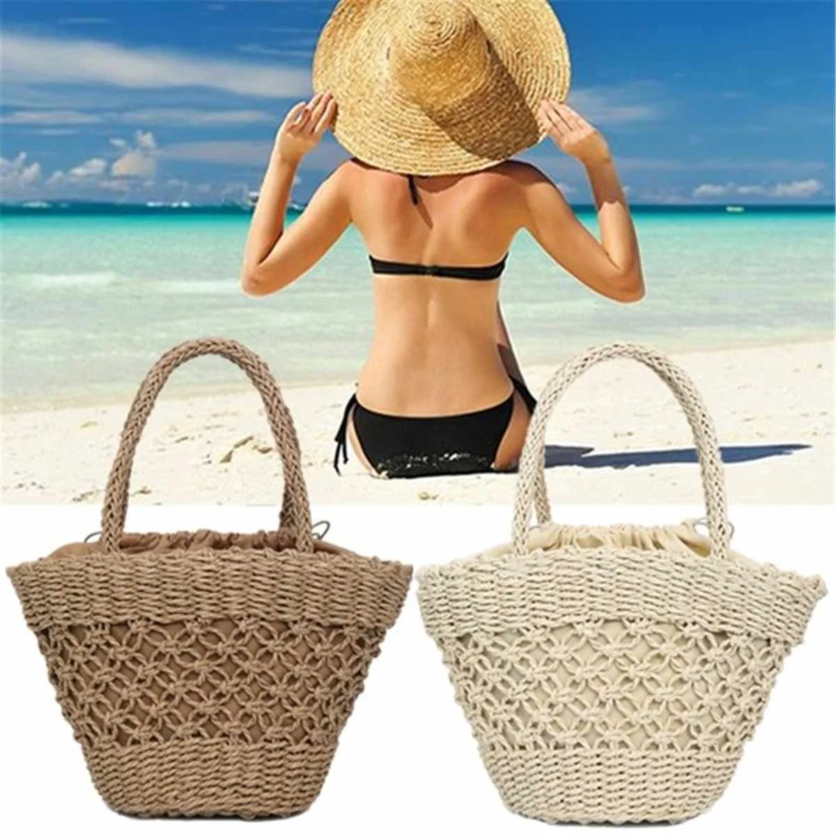 

Female Straw Totes Hand Bag Handmade Beach Rattan Bag Large Bucket Summer Wicker Bags Women Natural Basket Handbag Begie khaki
