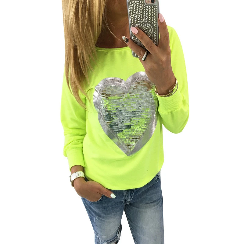 

2019 Women T Shirt Cotton Tops O Neck T-shirt Sequin Heart Shape Long Sleeve Clothes Casual Female Shirts Blusas Ropa Mujer