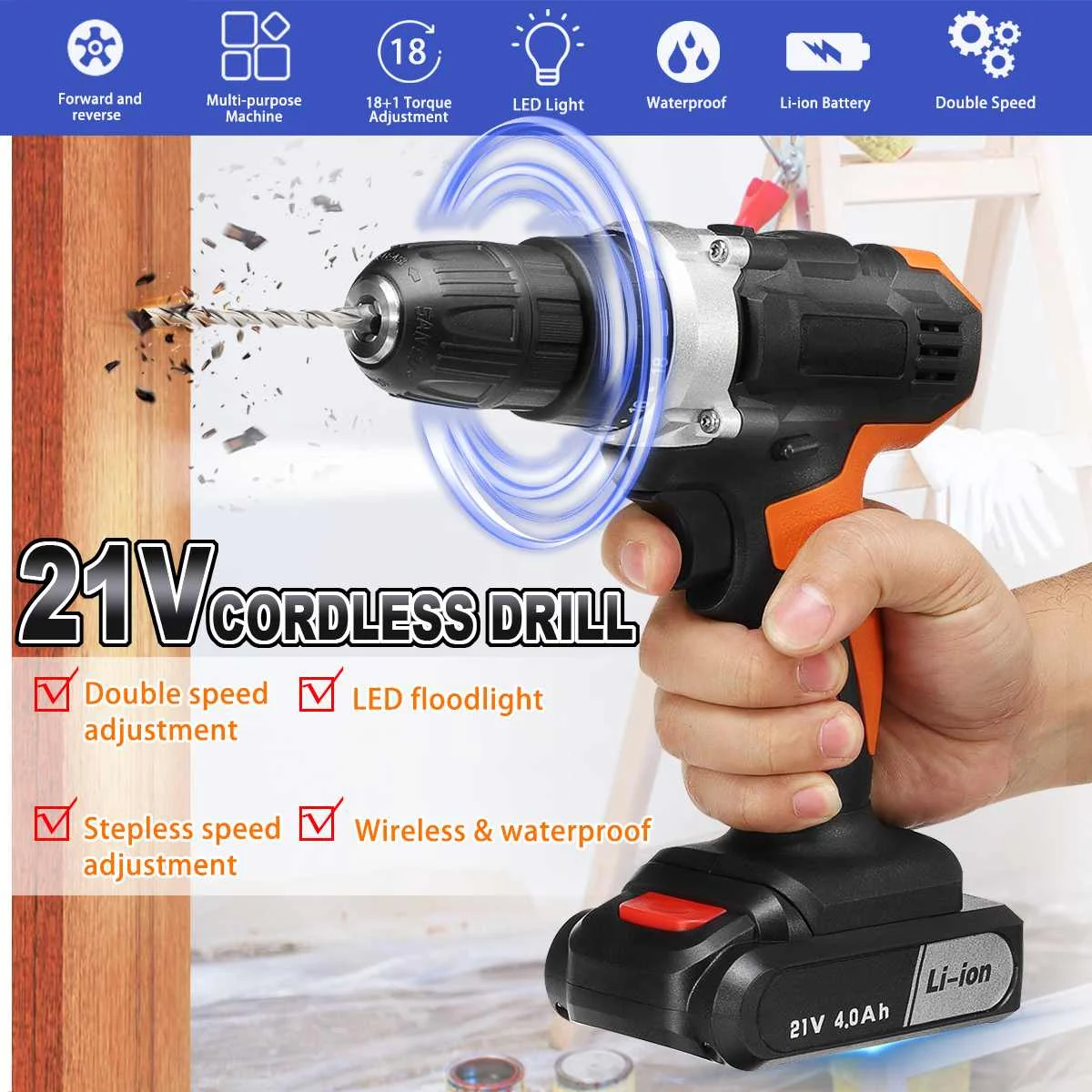 

21V 3/8" Cordless Electric Drill LED Lighting Rechargeable Mini Wireless Electric Screwdriver Lithium-Ion Battery Power 2-Speed