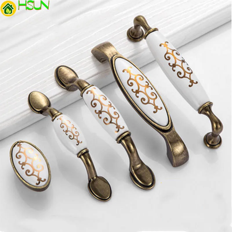 1 pc Antique Golden hook flower Ceramic Door Handles Kitchen Cabinet Handles Metal Furniture Drawer Pulls CZ-0075