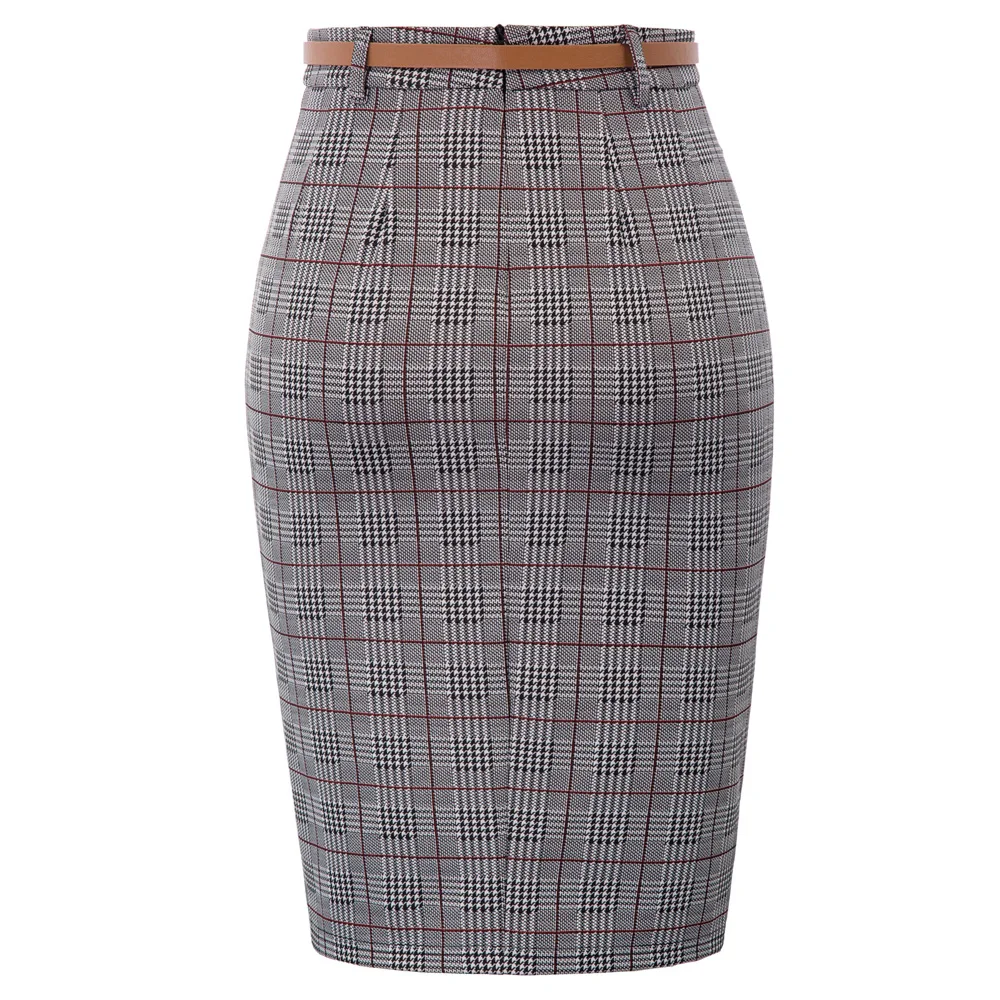 Kate Kasin Women's Gingham Skirts Office Lady Business Elegant Casual Grid Pattern Belt Decor Hips wrapped Bodycon Pencil Skirt|Юбки| |