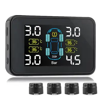 

TPMS Built-in External Sensors Solar Charging Automatic Poweron Adjustable Temperature Pressure Unit with 4 Sensors for All Mode
