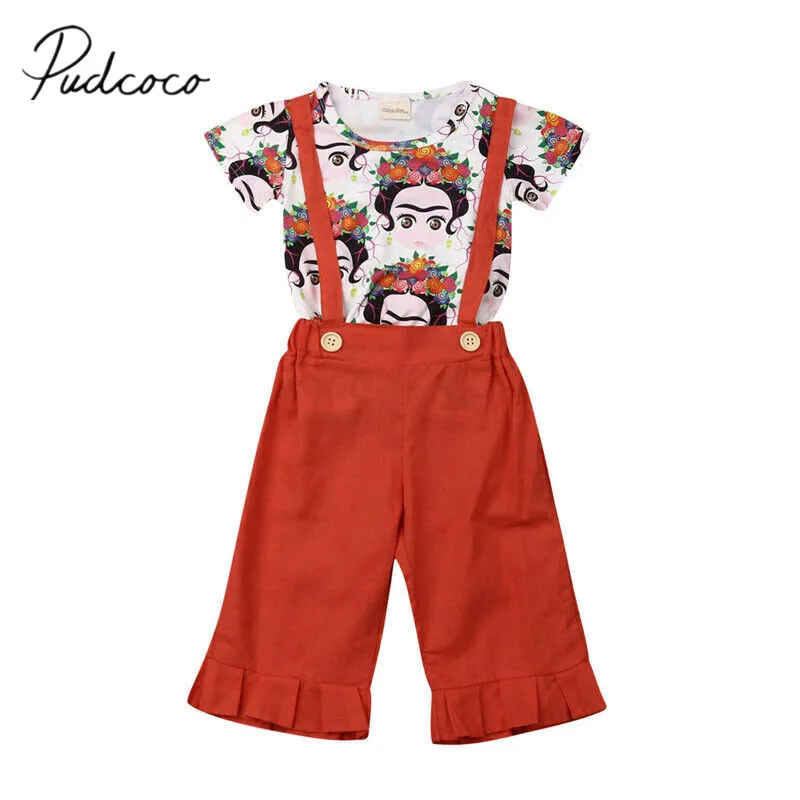 

2019 Baby Summer Clothing 2PCS Toddler Kid Baby Girls Clothes Sets Outfits Short Sleeve T-shirt Tops Wide Overalls Pants Clothes
