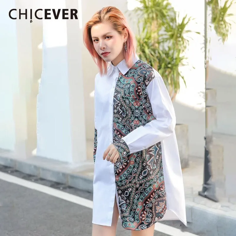 

CHICEVER Spring Vintage Print Women Shirt Lapel Long Sleeve Button Asymmetrical Hem Loose Slim Female Top Blouse 2019 Fashion