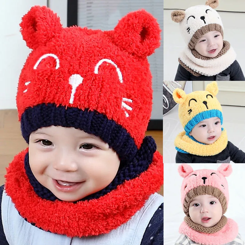 Kids Baby Boys Girls Scarf Hat Set Knitted Winter Warm Hats Soft Beanie Cap