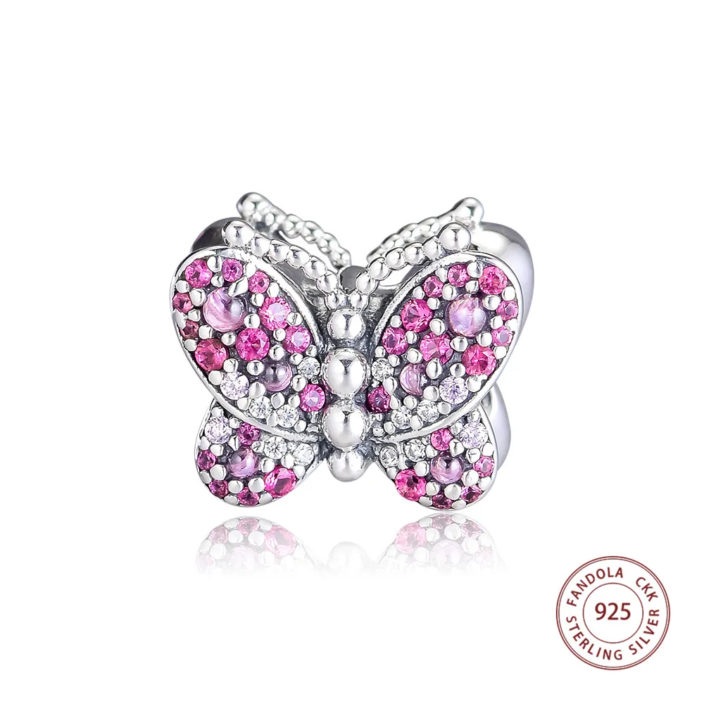 

Fandola Fit Berloque Charms Bracelet 925 Sterling Silver Dazzling Pink Butterfly Charm Beads Original Silver Jewelry Pulseras