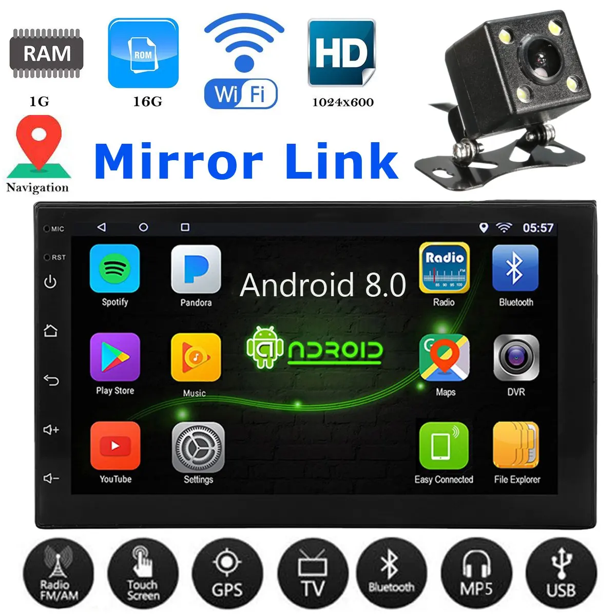 

Android 8.0 2 DIN 7" MP5 Player Android Quad Versatile Car Radio Built-in WiFi bluetooth GPS With 32GB external 1080P