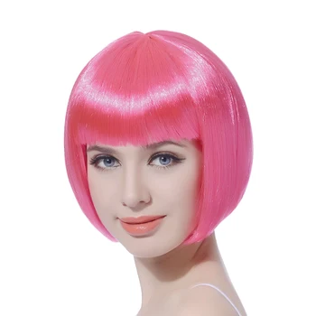 

10"Bob Synthetic Wig With Bangs For Black Women Pink Blonde Red Black Short Bob Natural Hair With Bangs Cosplay Women's Wigs