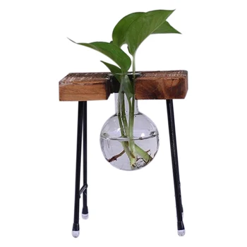 

Fashionable Transparent Glass Vase with Wooden & Iron Stand for Water Planting Decoration Gift