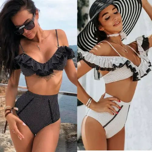 

2PCS Summer Women Ruffles Padded Bikini Set Bandage Swimwear Swimsuit Push Up Bra High Waist Bathing Beachwear