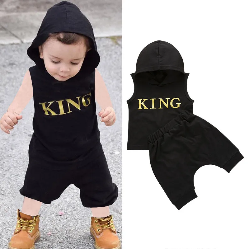 0-36M Baby Boys Clothes Set Letter King Print Hoodie For Boys Solid Black Sleeveless Sweatshirt Boys Pants Outfits Baby Boy Set