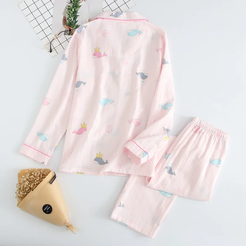 Осень хлопок двойной марлевые пижамы с длинными рукавами костюм мультфильм милый Дельфин пижамы брюки женские пижамы Pj набор