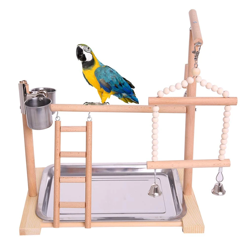 Parrots Playground Bird Perch Bird Stand Playground Parrot Play Stand Wood Gym Ladder Hanging Swing with Stainless Steel Feeder Cups for Pet Birds