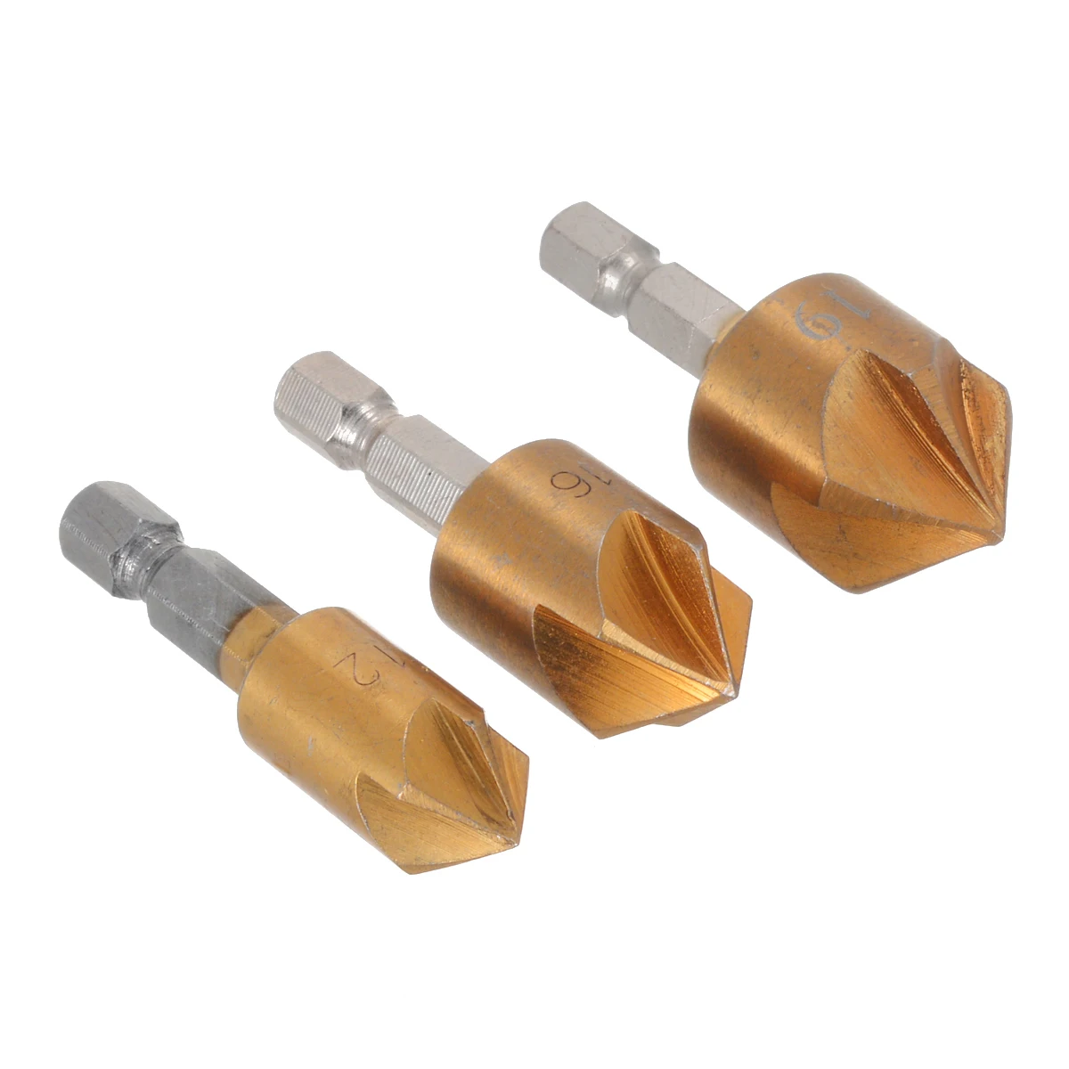 

3Pcs HSS 1/4" Hex Shank Chamfer Cutter Debur 5 Flute 12/16/19mm Countersink Chamfering Drill Bit Set