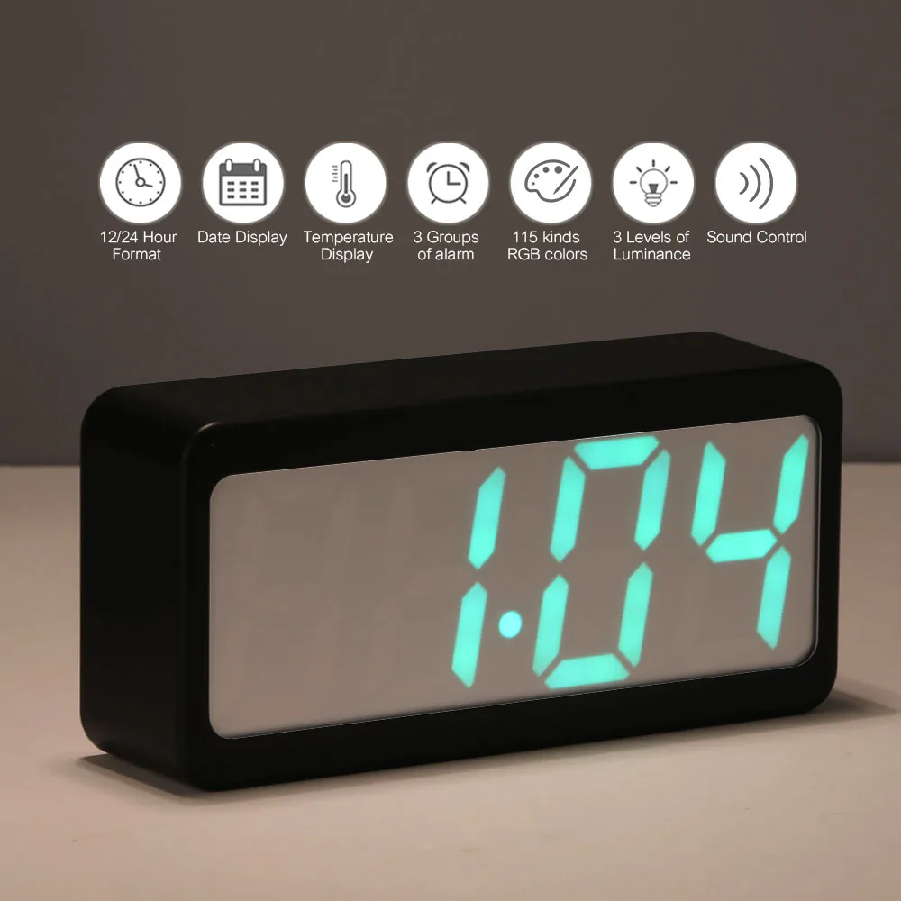 Digital Alarm Clock Time/Temperature/Date Display RGB LED USB/Battery ...