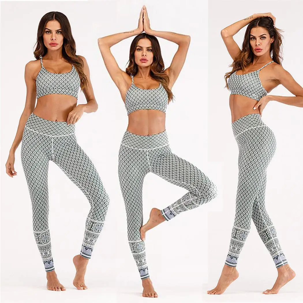 

Women Fashion Fitness Clothes Lattice Print Bra Tight-fitting Pants Set All Seasons Sports, Casual Standard
