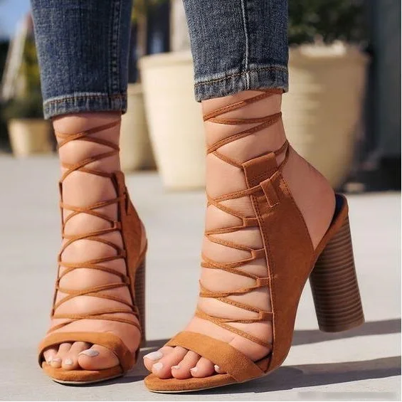 

Sexy Beige Stretch Fabric Women Square Heel Sandals Peep Toe Lace-up Hollow Dress Shoes Side Zipper Ladies Summer Shoes