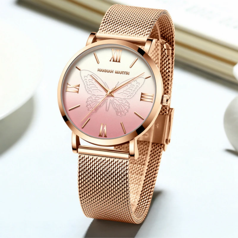 

Women Wrist Watch Luxury Rose Gold Designer Watch Female Creative 3D Butterfly Clock for Lady Hannah Martin New relogio feminino