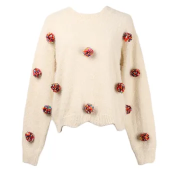 

Sweet Pullover Jumper 2018 New Designer Hairball Patchwork O-neck Long Sleeve Mohair Warm Knitted Sweater Women Cute Top