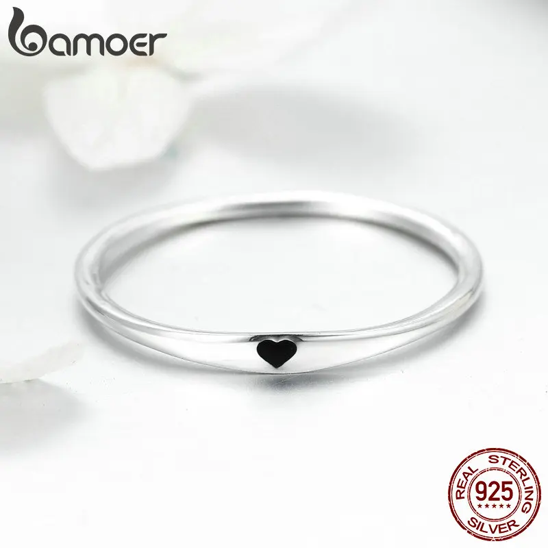 BAMOER 925 Sterling Silver Round Circle Pure Finger Ring Simple Heart Engrave Rings for Women Wedding Engagement Jewelry SCR468