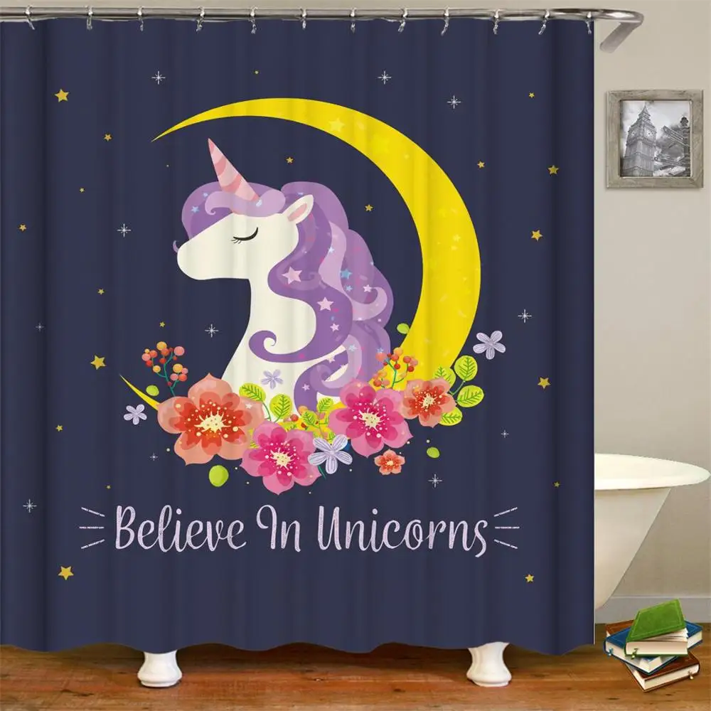 

Cartoon Unicorn Kids Shower Curtain Mythical Unicorns with Stars Print Fabric Bathroom Decor Set with Hooks