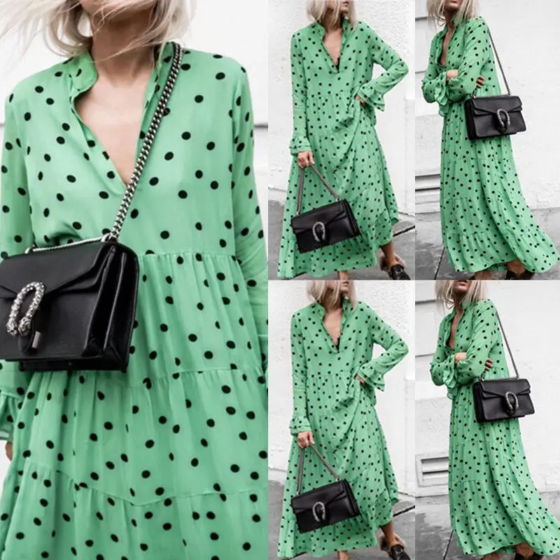 

Women Hot V Neck Long Sleeve Oversized Polka Dot Clubwear Long Maxi Casual Dress Plus Size S-XXXL