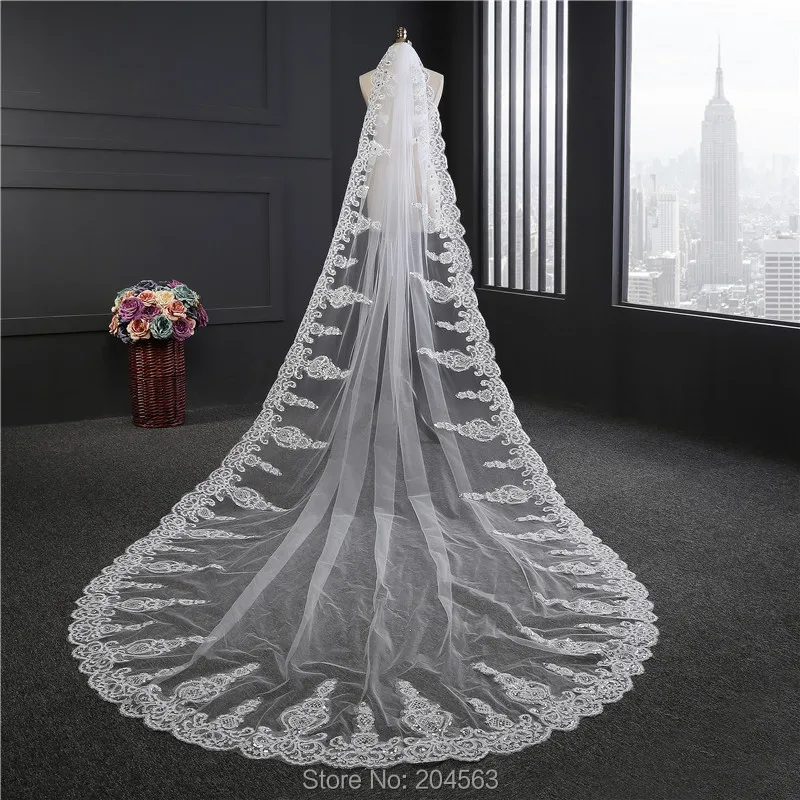 

White or Ivory Cathedral Veil One Layer Stunning Wedding Veils Lace Tulle Veil for Bride with Comb HL2019
