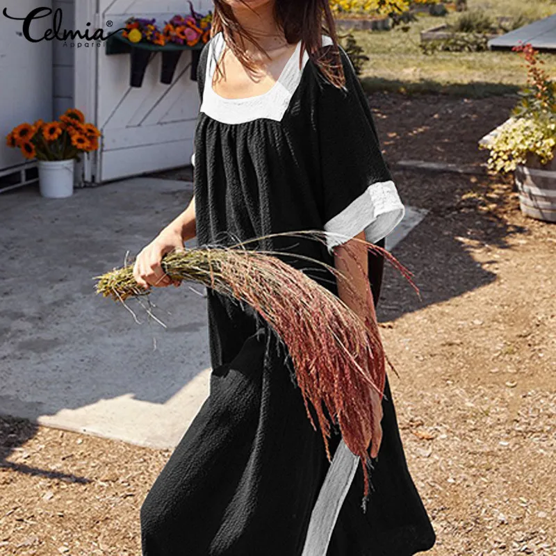 Винтажное женское длинное платье, лето, с рукавом, в стиле пэчворк, повседневное, свободное, с разрезом, Vestidos размера плюс